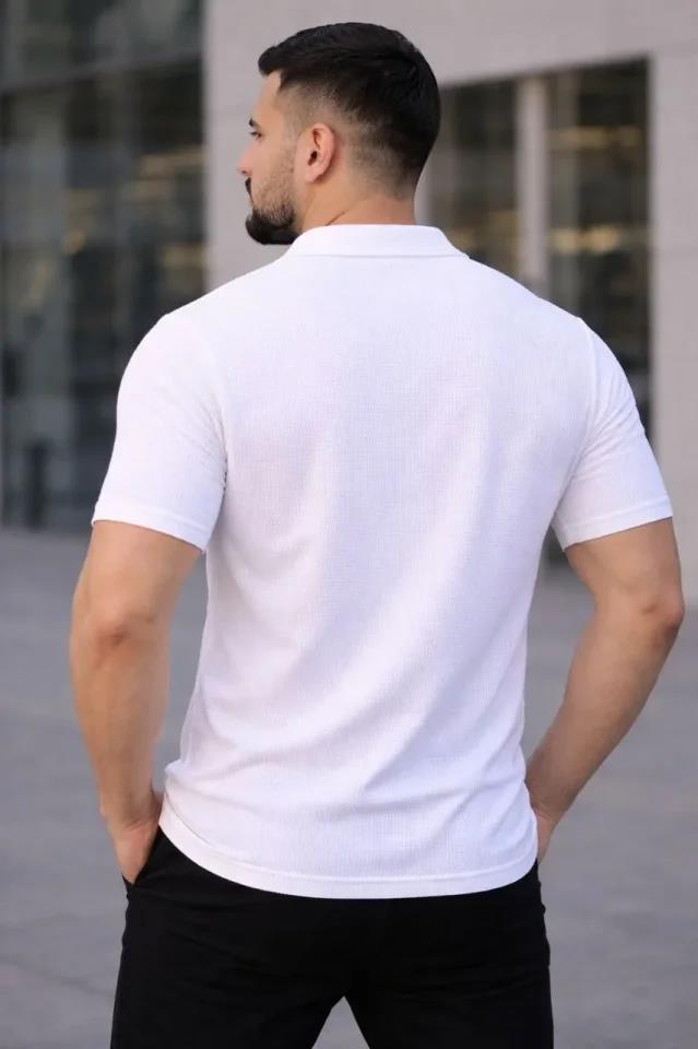 Erkek Waffle Kumaş Kısa Kollu Düğmeli Açık Yaka Regular Fit Gömlek - Beyaz