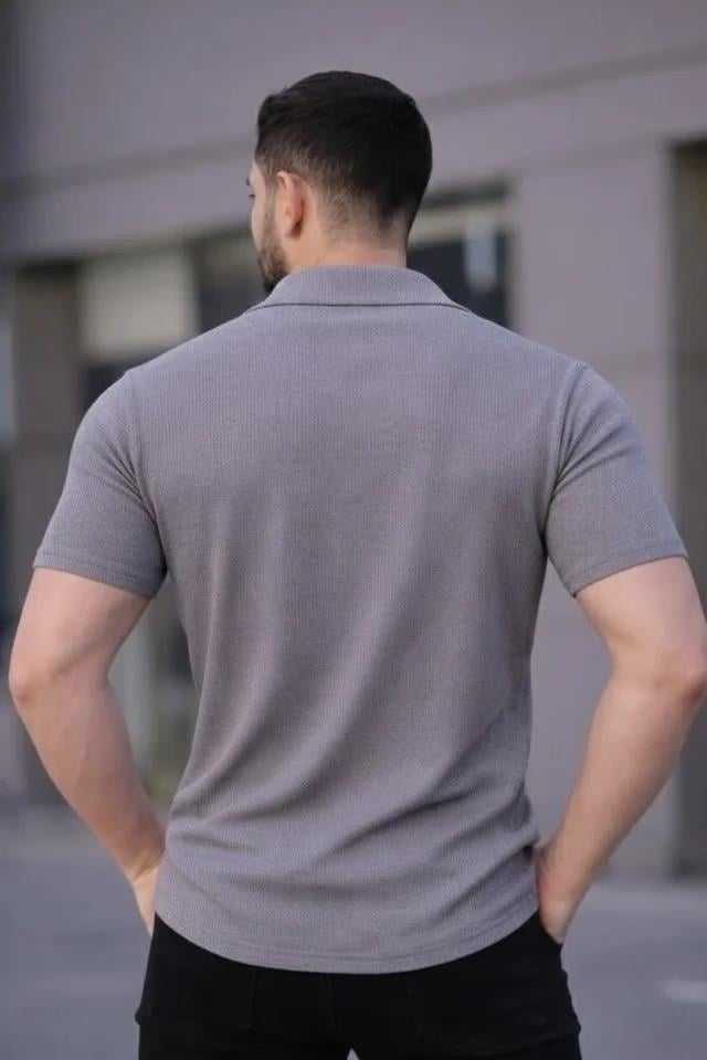 Erkek Waffle Kumaş Kısa Kollu Düğmeli Açık Yaka Regular Fit Gömlek - Gri