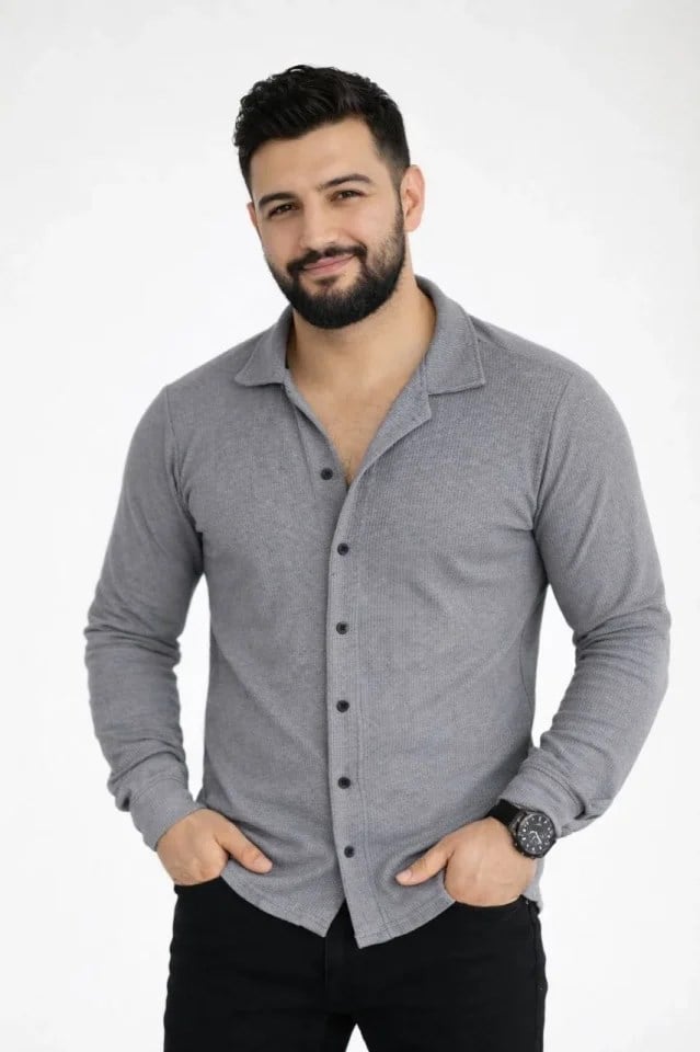 Erkek Waffle Kumaş Uzun Kollu Düğmeli Açık Yaka Regular Fit Gömlek - Füme