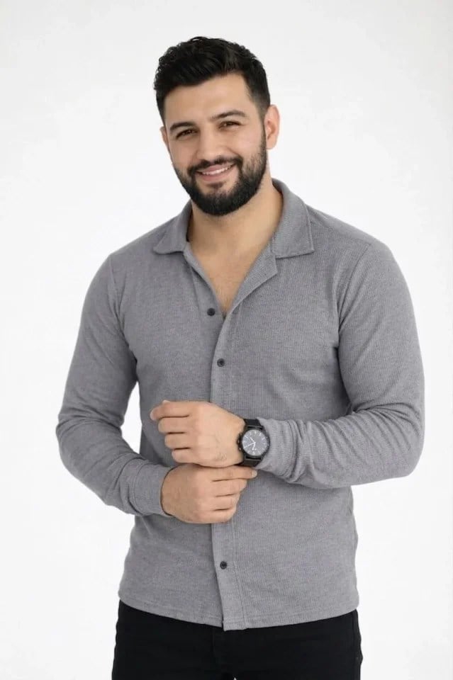 Erkek Waffle Kumaş Uzun Kollu Düğmeli Açık Yaka Regular Fit Gömlek - Füme