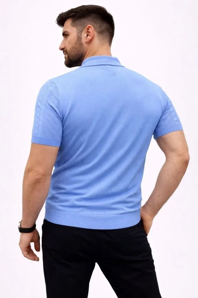 Erkek Yazlık Triko Tişört Kısa Kol Polo Yaka Düğmeli T-Shirt - Bebek Mavisi