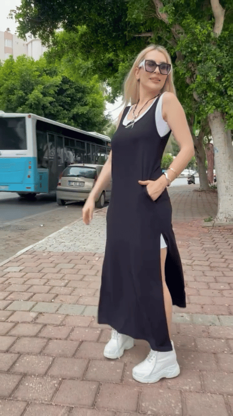 Kadın Askılı Yuvarlak Yakalı Cepli Yırtmaç Detaylı Viskon Elbise Ve Atlet Ikili Takım