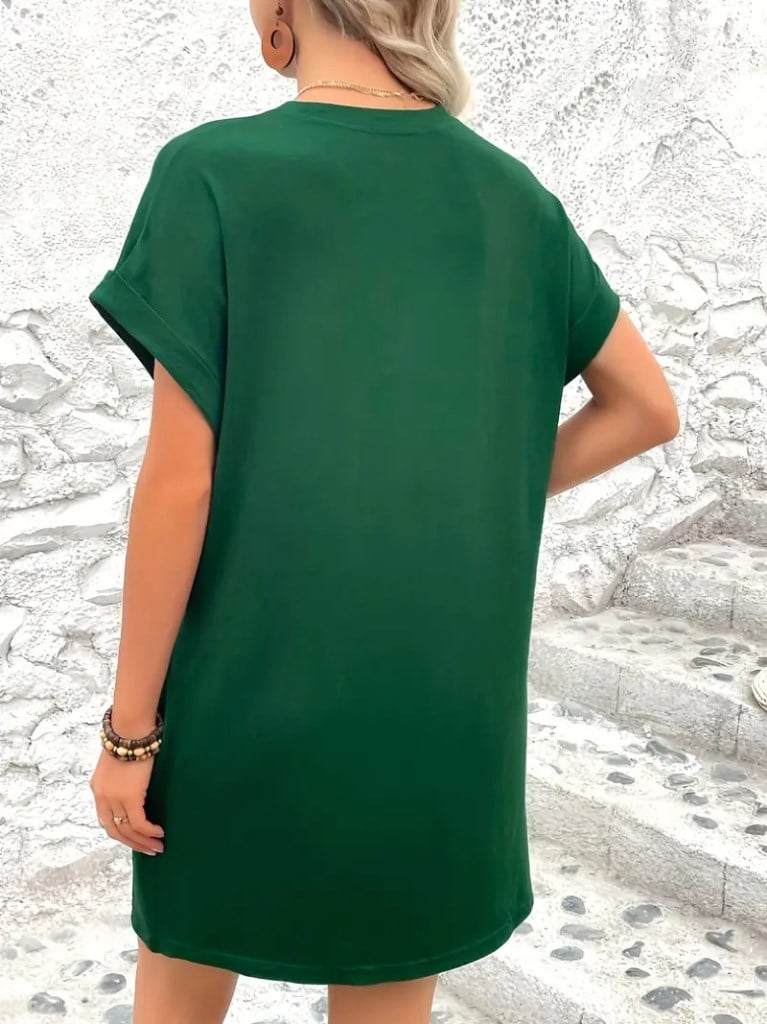 Kadın Kısa Kollu Bisiklet Yaka Cepli Kelebek Baskılı Viskon Elbise