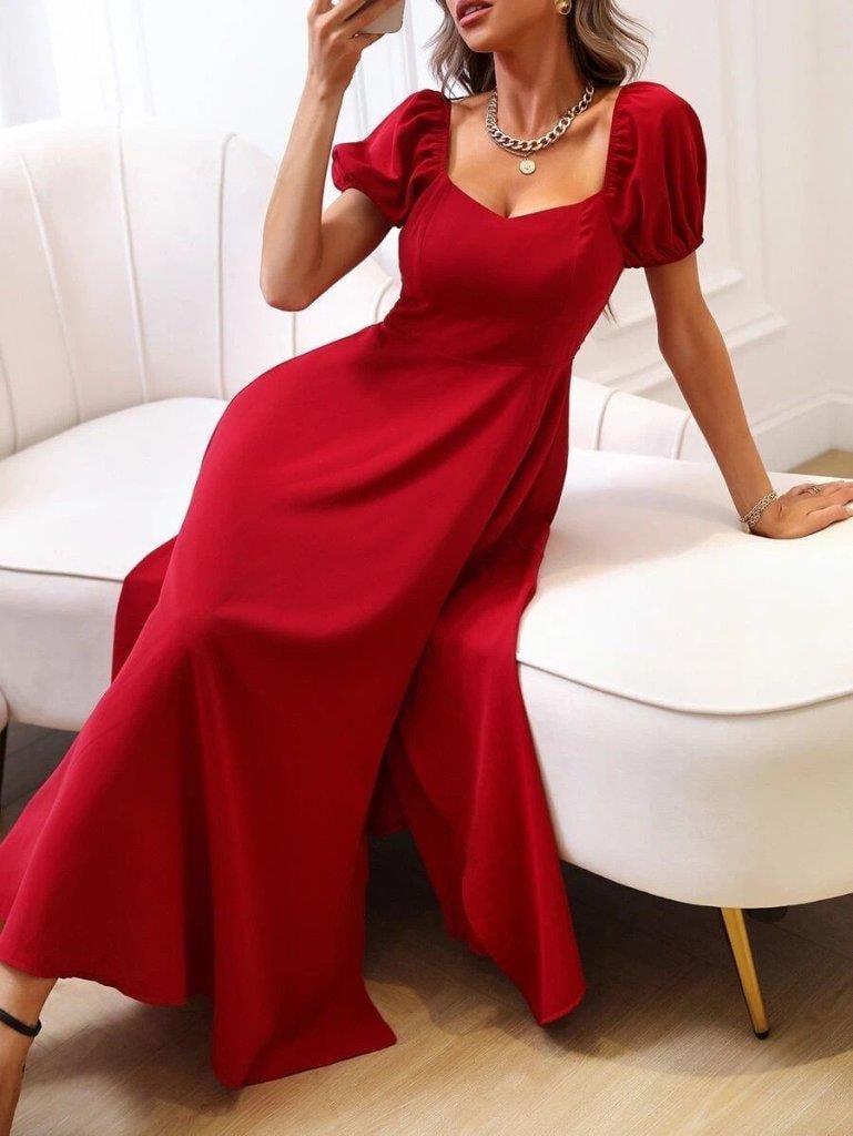 Kadın Kısa Kollu Kare Yakalı Yırtmaçlı Midi Janjan Krep Elbise