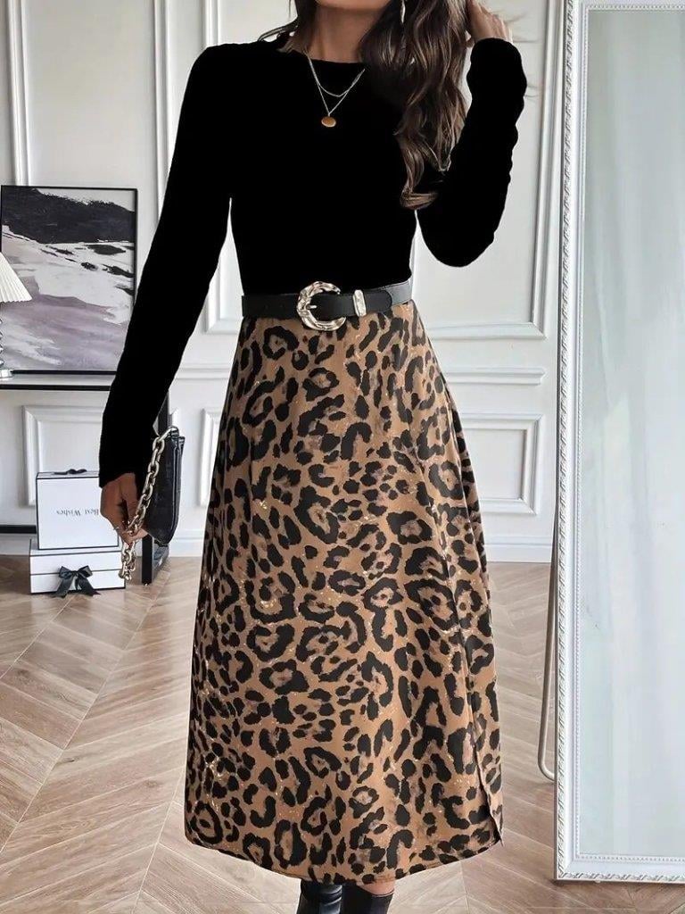 Kadın Uzun Kollu Bisiklet Yaka Ithal Krep Bluz Alt Desenli Modal Midi Elbise