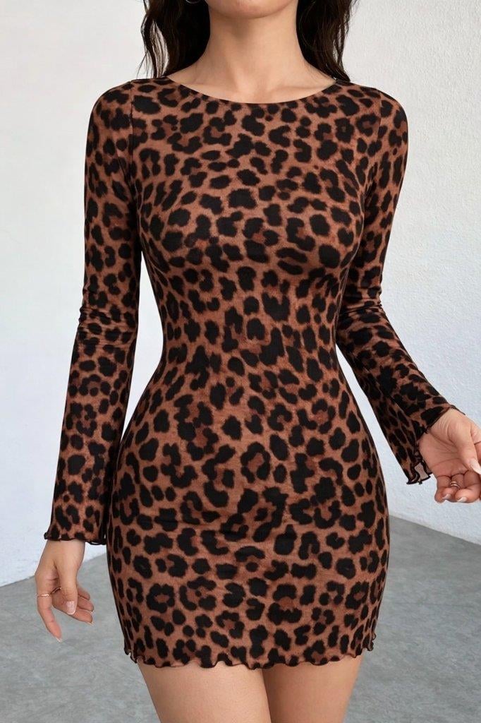 Kadın Uzun Kollu Bisiklet Yaka Leopar Desenli Dalgıç Mini Elbise