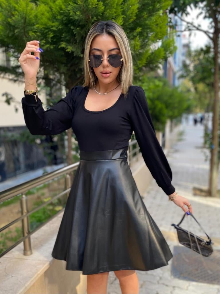 Kadın Uzun Kollu Kare Yaka üst Viskon Alt Deri Mini Elbise
