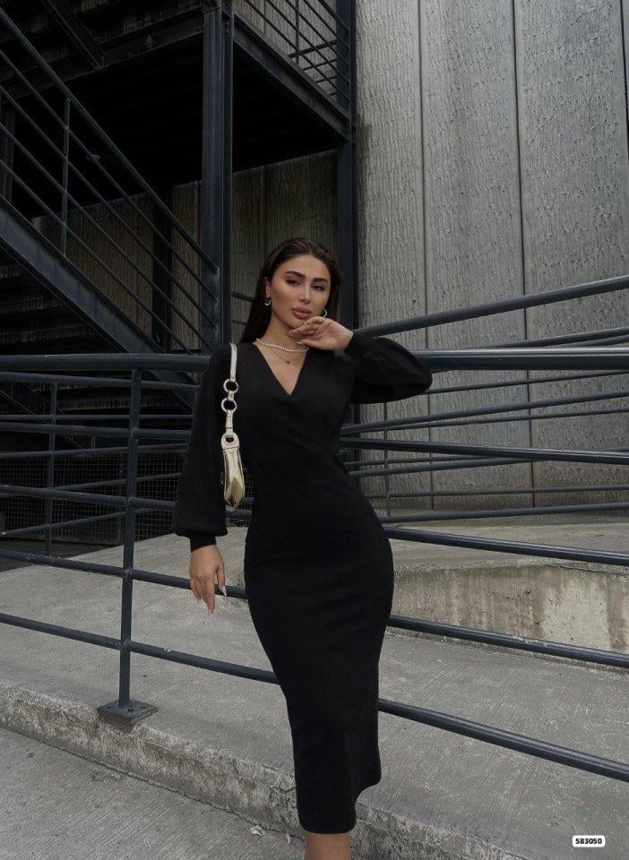 Kadın Uzun Kollu Kruvaze Yaka Büzgü Ve Balon Kol Detay Krep Kumaş Maxi Boy Elbise