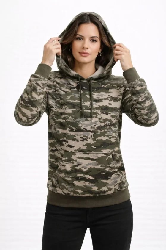 Kamuflaj Desenli 2 İplik 4 Mevsim Kapüşonlu Kanguru Cepli Hoodie Sweatshirt - Kamuflaj