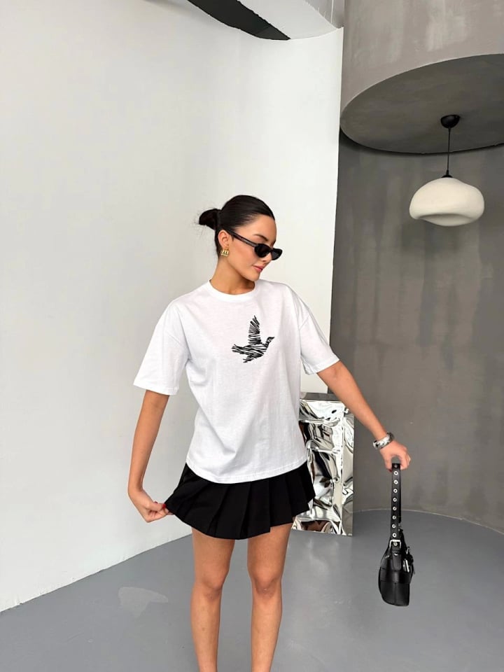 Kısa Kol Baskılı T-shirt - Beyaz