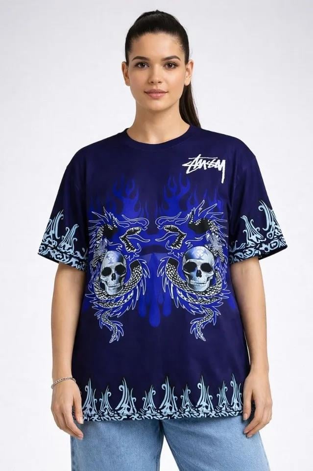 Lacivert Oversize Tişört Dragon - Kuru Kafa Baskılı Bisiklet Yaka T-Shirt - Lacivert