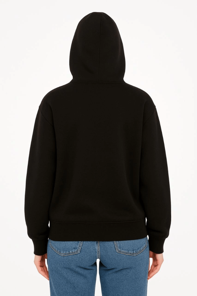 Oversize Kapüşonlu Sweatshirt  Hoodie 3 İplik Şardonlu Pamuklu Kumaş, Önü Baskılı, Fermuarlı Rahat Kalıp, Kışlık Ve Sokak Stili Sweat - Siyah