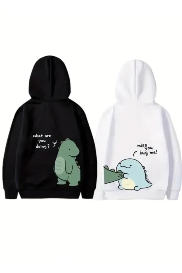 Sevgililer Günü Özel Unisex Kapüşonlu Baskılı Oversize Sweatshirt - Siyah