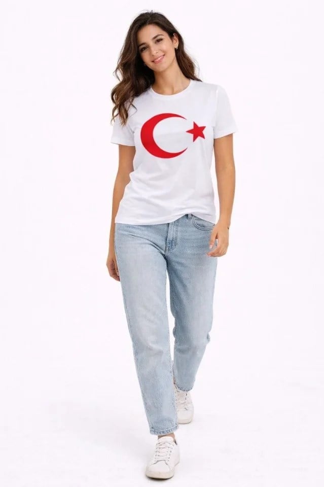 T-Shirt Kısa Kol Bisiklet Yaka Ay Yıldız Bayrak Baskılı Tişört - Beyaz