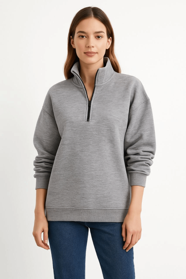 Üç İplik Dık Yaka Yarım Fermuarlı SweatShirt - Gri