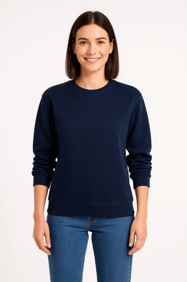 Üç İplik Düz Bisiklet Yaka SweatShirt - Lacivert
