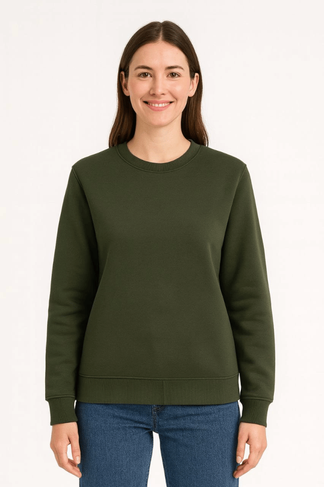 Üç İplik Düz Bisiklet Yaka SweatShirt - Haki