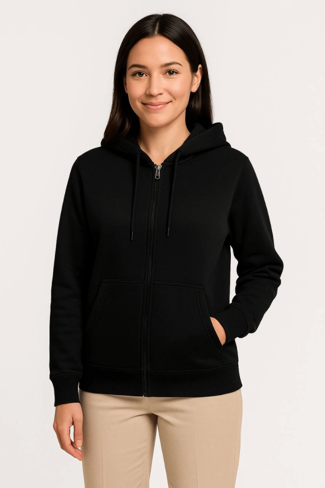Üç İplik Kapüşonlu Tam Fermuarlı Kanguru Çepli SweatShirt Hoodie - Siyah