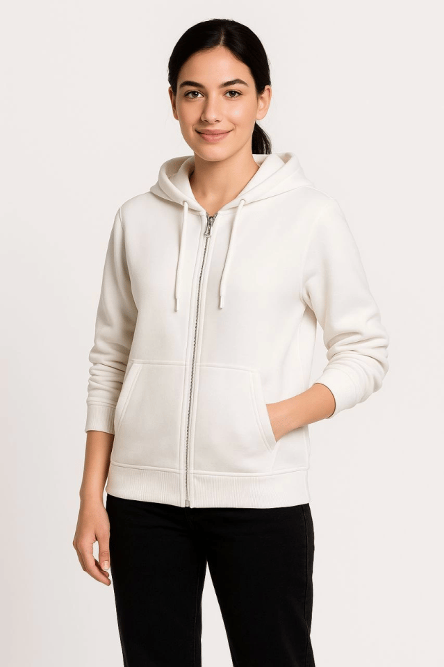 Üç İplik Kapüşonlu Tam Fermuarlı Kanguru Çepli SweatShirt Hoodie - Beyaz