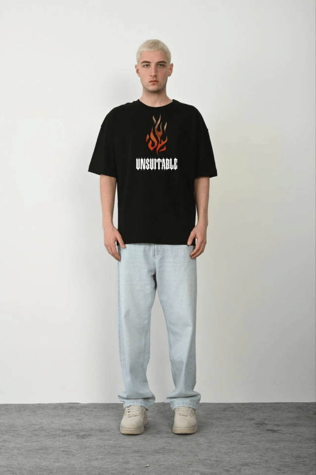 Unisex Bisiklet Yaka Baskılı Oversize T-Shirt - Siyah