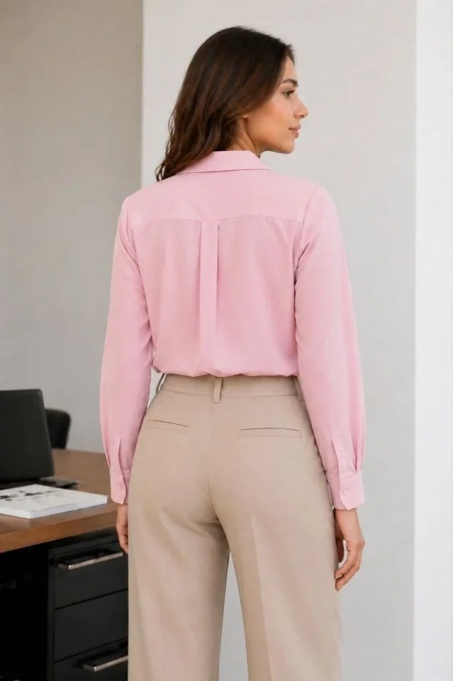 Uzun Kol Gömlek Düğmeli Klasik Yaka Günlük Ve Ofis Şıklığına Uygun - Toz Pembe