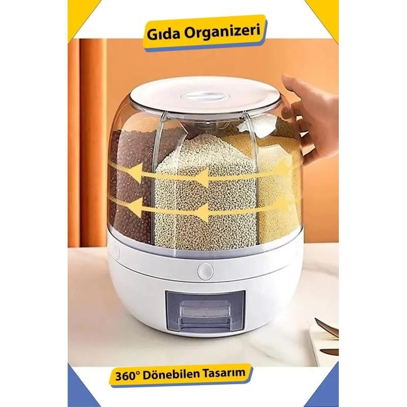 360° Dönebilen Kuru Gıda ve Bakliyat Organizeri 6 Bölmeli Hava Geçirmez Saklama Kabı 6 Lt