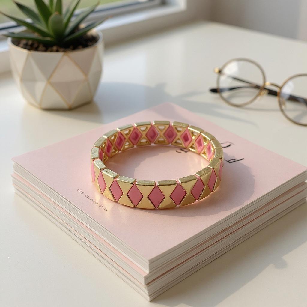 Porselen Kaplama Pembe Gold Lastikli Bileklik