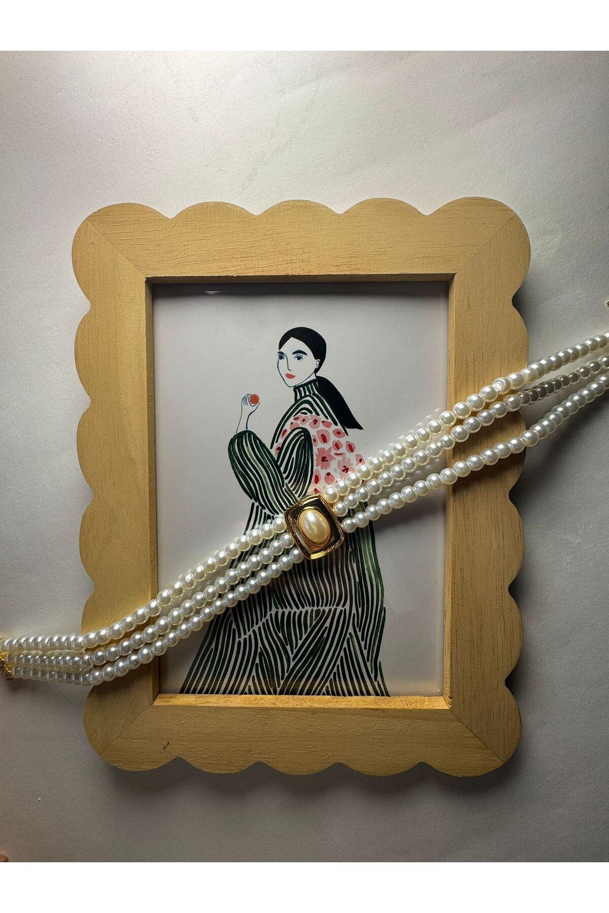 İnci Detaylı Üç Sıralı Retro Choker Kolye