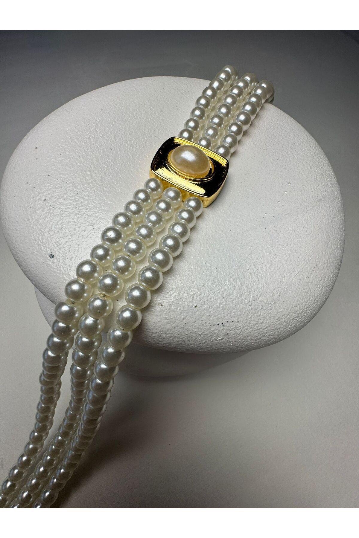 İnci Detaylı Üç Sıralı Retro Choker Kolye