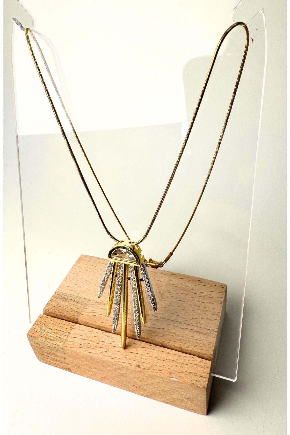 Yıldız Model Zirkon Taşlı Gold Çelik Kolye