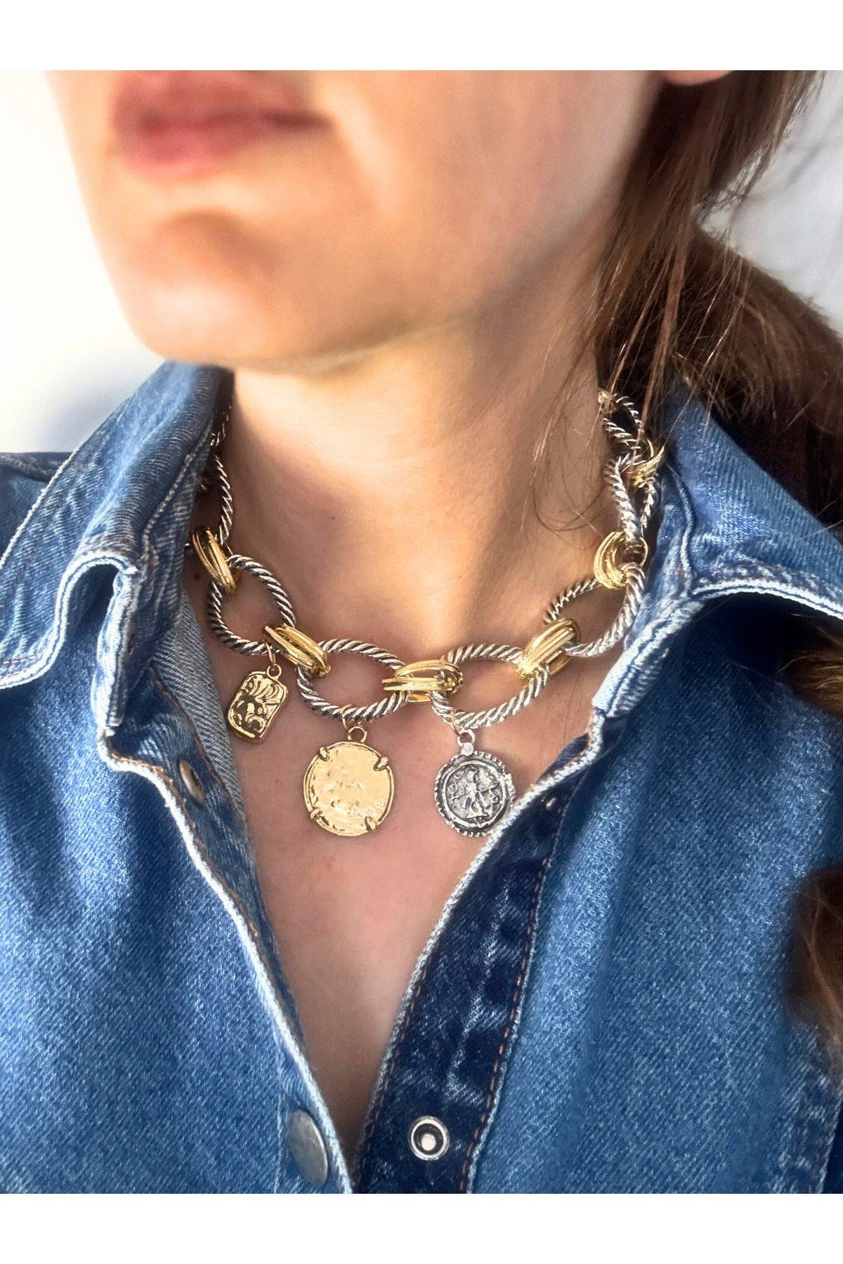 Za -İki Tonlu Kalın Zincirli Coin Charm Kolye
