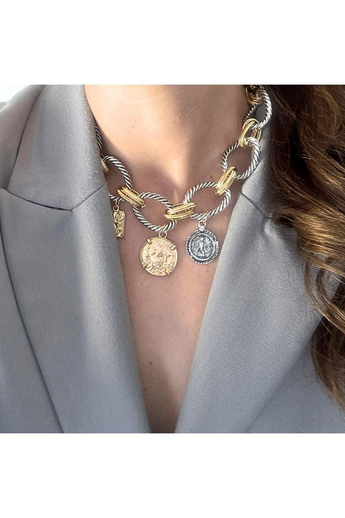 Za -İki Tonlu Kalın Zincirli Coin Charm Kolye
