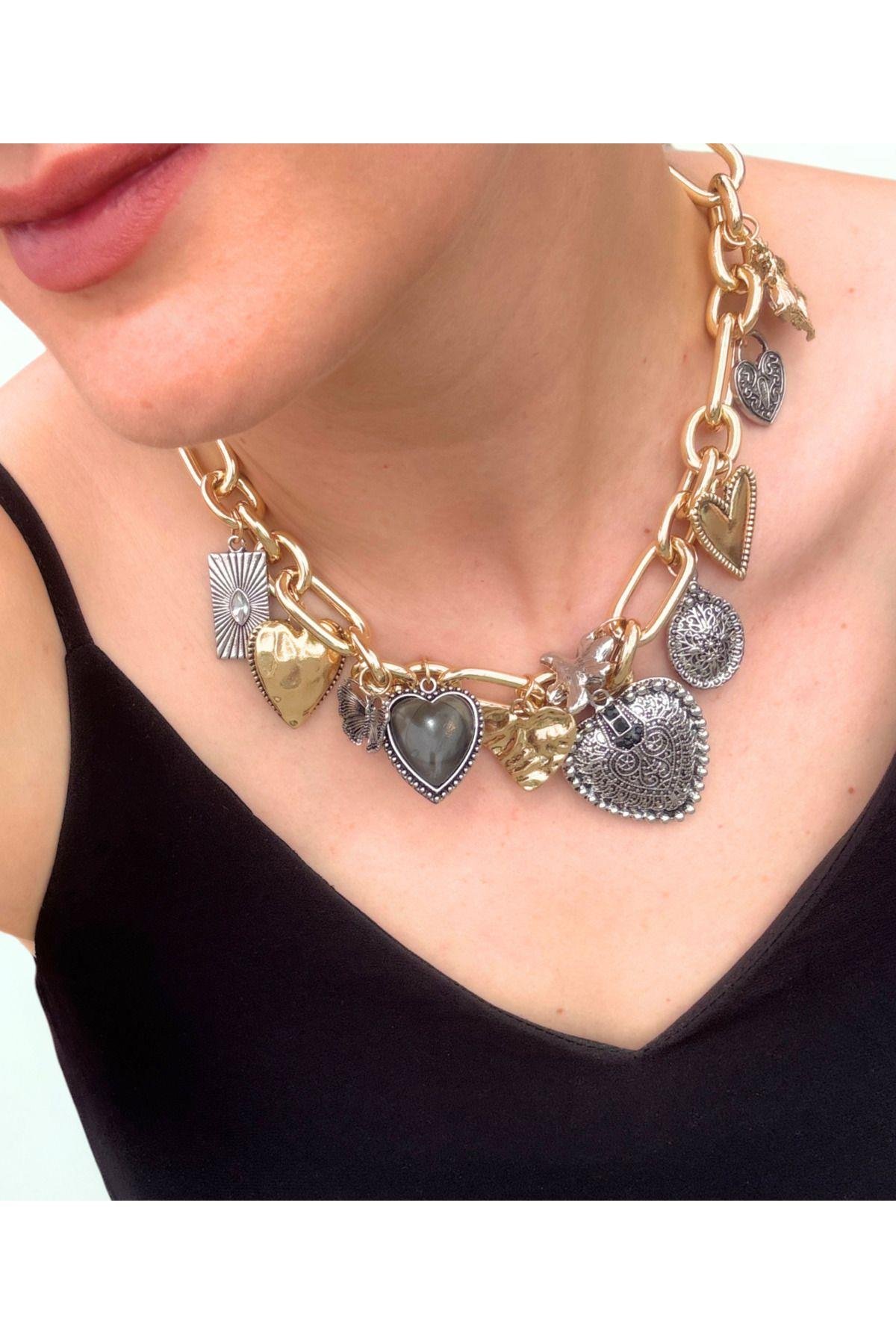ZA -Kalın Zincirli Karışık Kalp Charm Kolye - Trend ve Şık