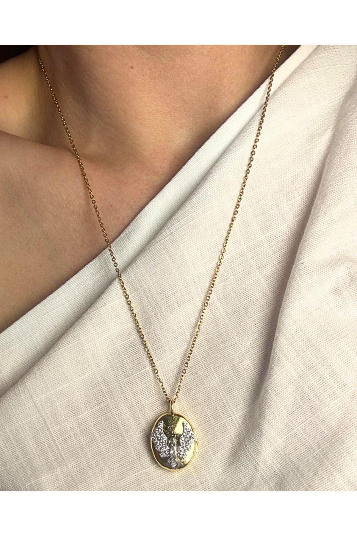 Zirkon Taşlı Gold Anka Figürlü Kolye