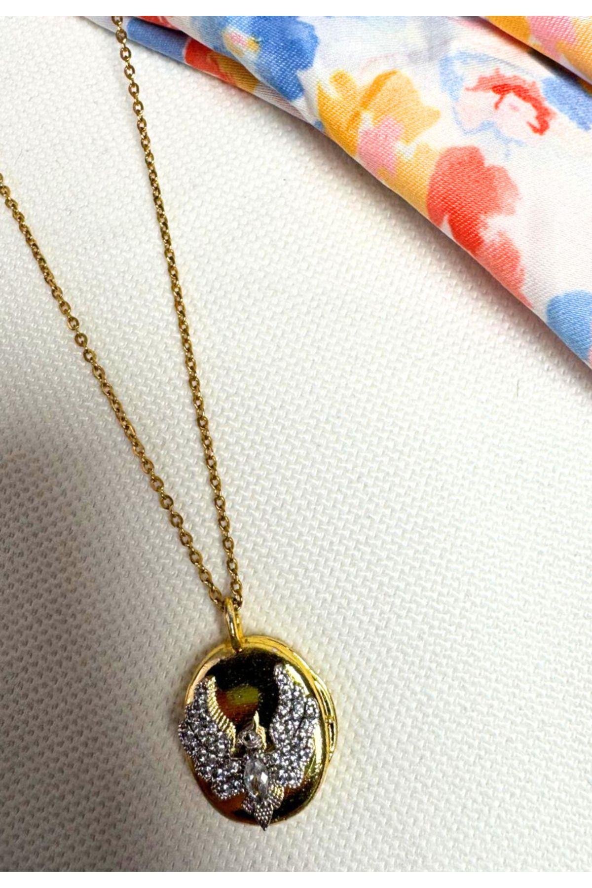Zirkon Taşlı Gold Anka Figürlü Kolye