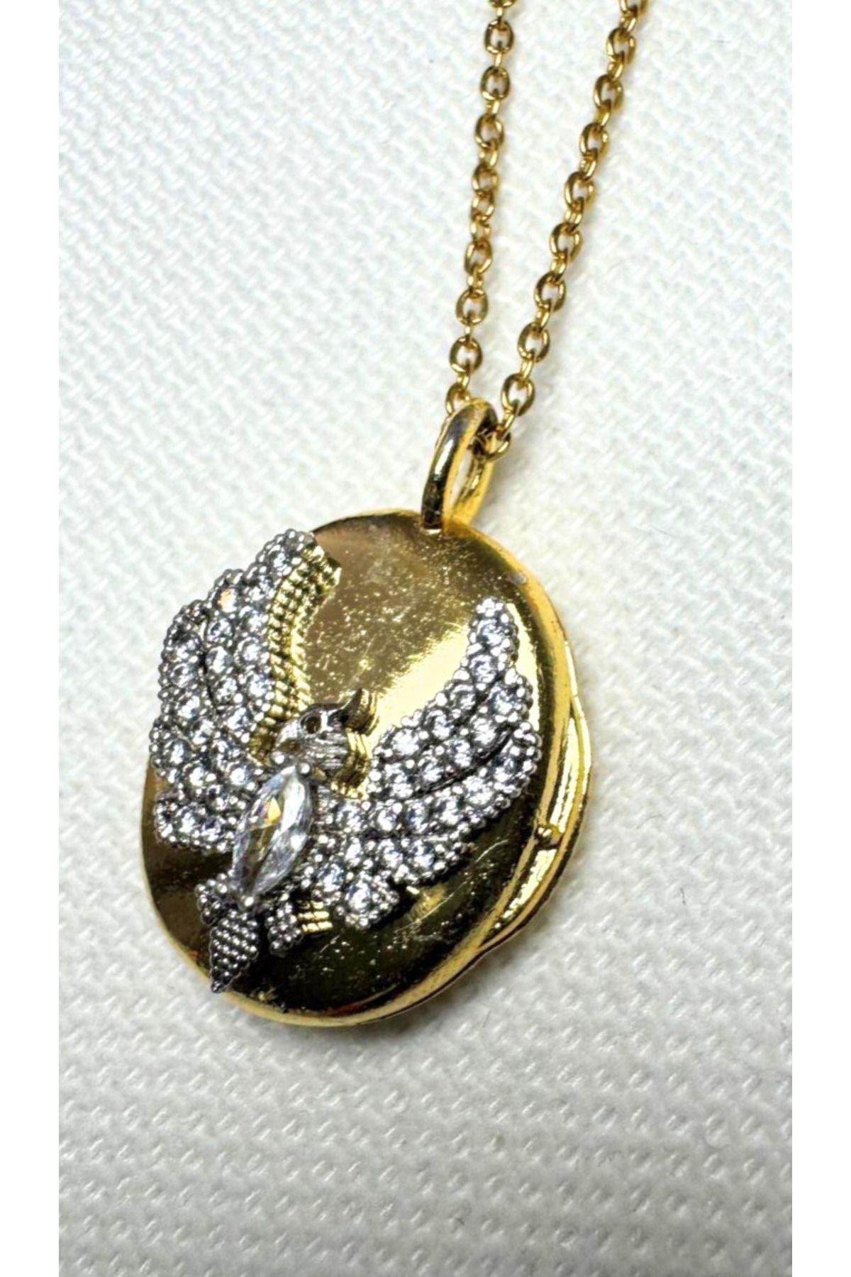 Zirkon Taşlı Gold Anka Figürlü Kolye