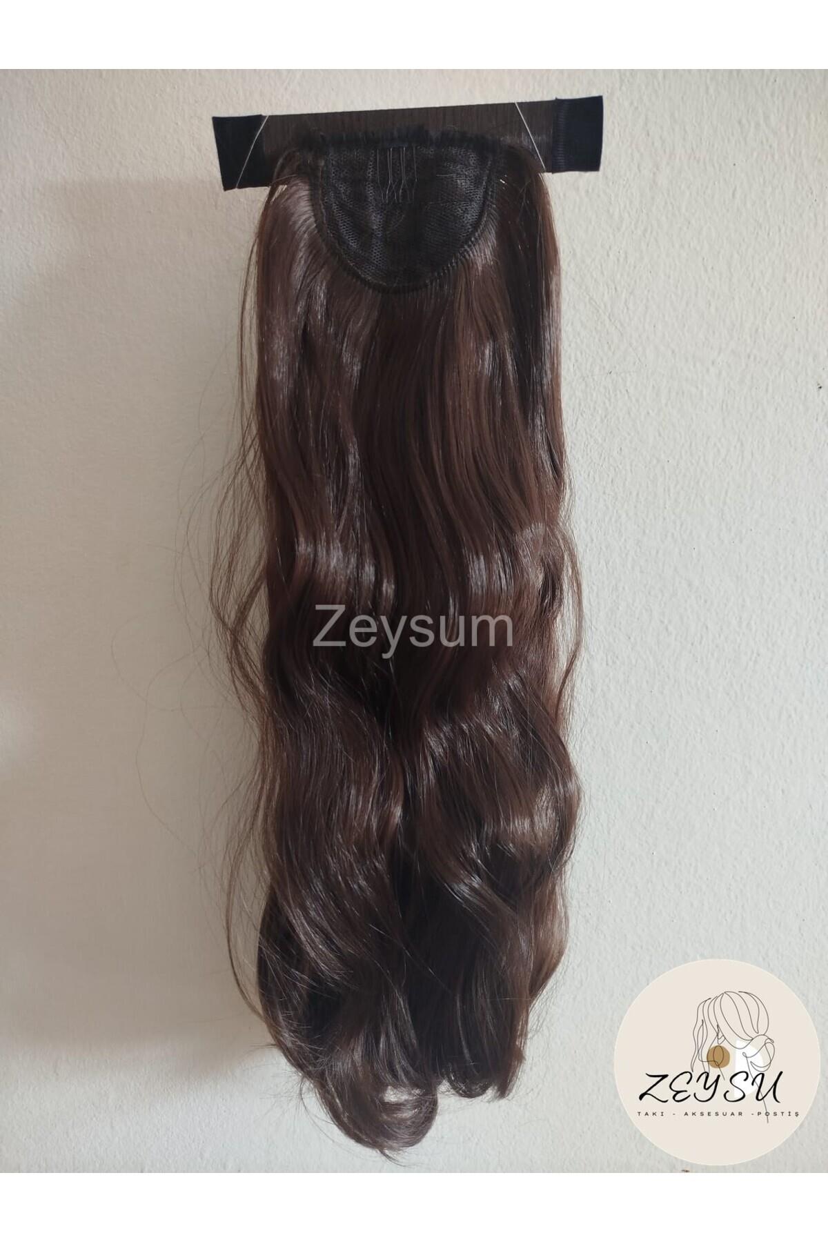 Kestane Kahverengi At Kuyruğu Saç Dalgalı Cıtçıtlı Takma Postiş Saç 60 Cm Isıya Dayanıklı