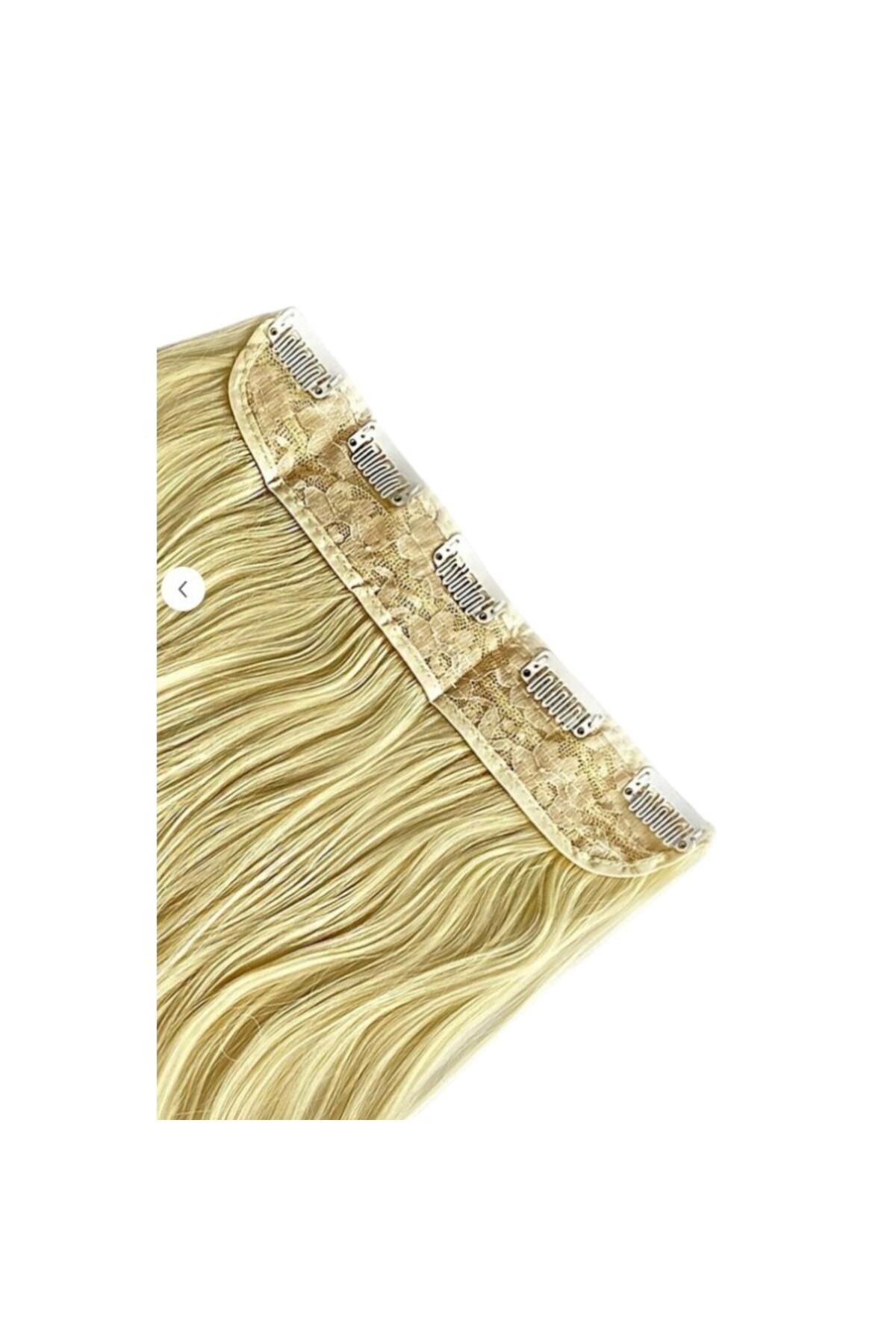 Platin Sarı Yarımay Dalgalı Saç Çıtçıtlı Postiş Takma Saç 60cm 110 gr Isıya Dayanıklı