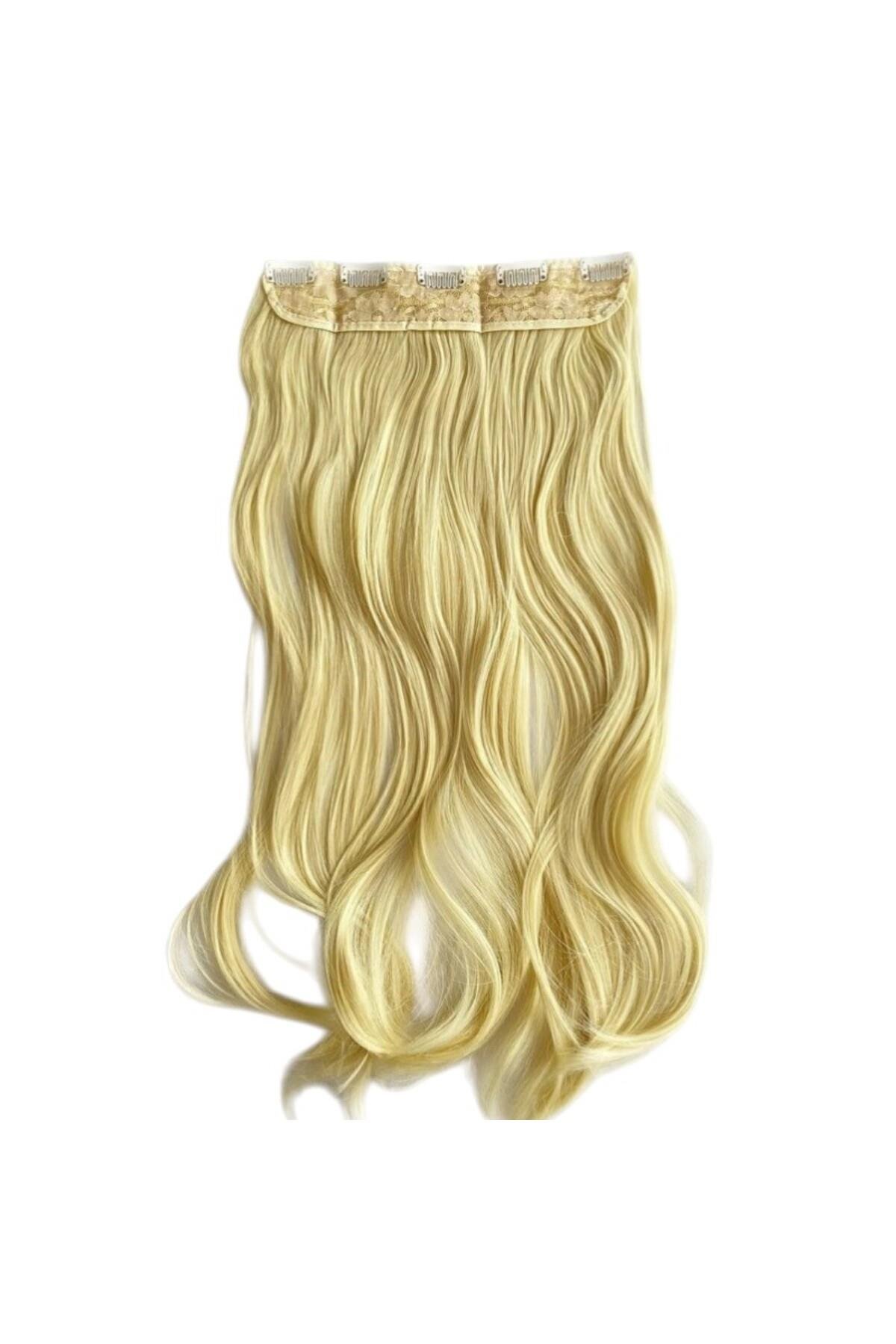 Platin Sarı Yarımay Dalgalı Saç Çıtçıtlı Postiş Takma Saç 60cm 110 gr Isıya Dayanıklı