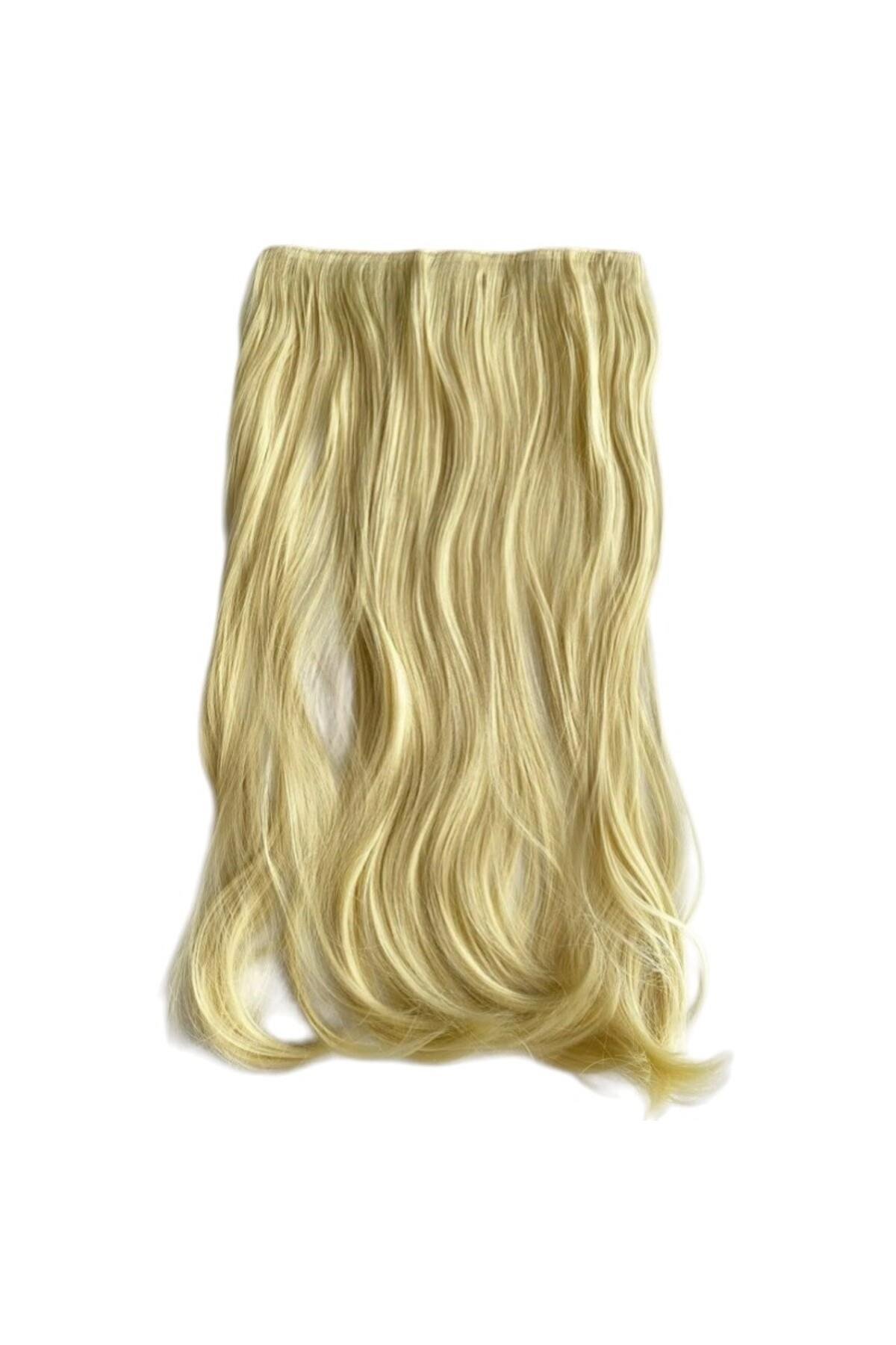 Platin Sarı Yarımay Dalgalı Saç Çıtçıtlı Postiş Takma Saç 60cm 110 gr Isıya Dayanıklı