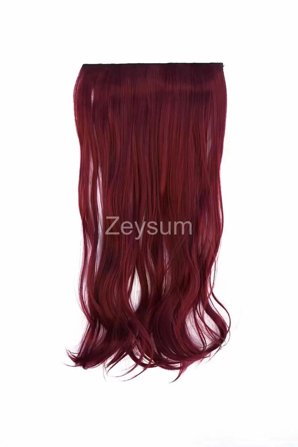 Şarap Kızılı Dalgalı Saç Çıtçıtlı Postiş Takma Saç 60 Cm 120gr Isıya Dayanıklı Yarımay