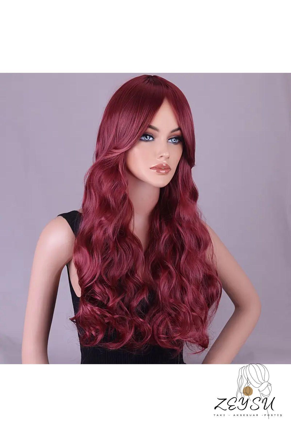 Şarap Kızılı Dalgalı Saç Çıtçıtlı Postiş Takma Saç 60 Cm 120gr Isıya Dayanıklı Yarımay