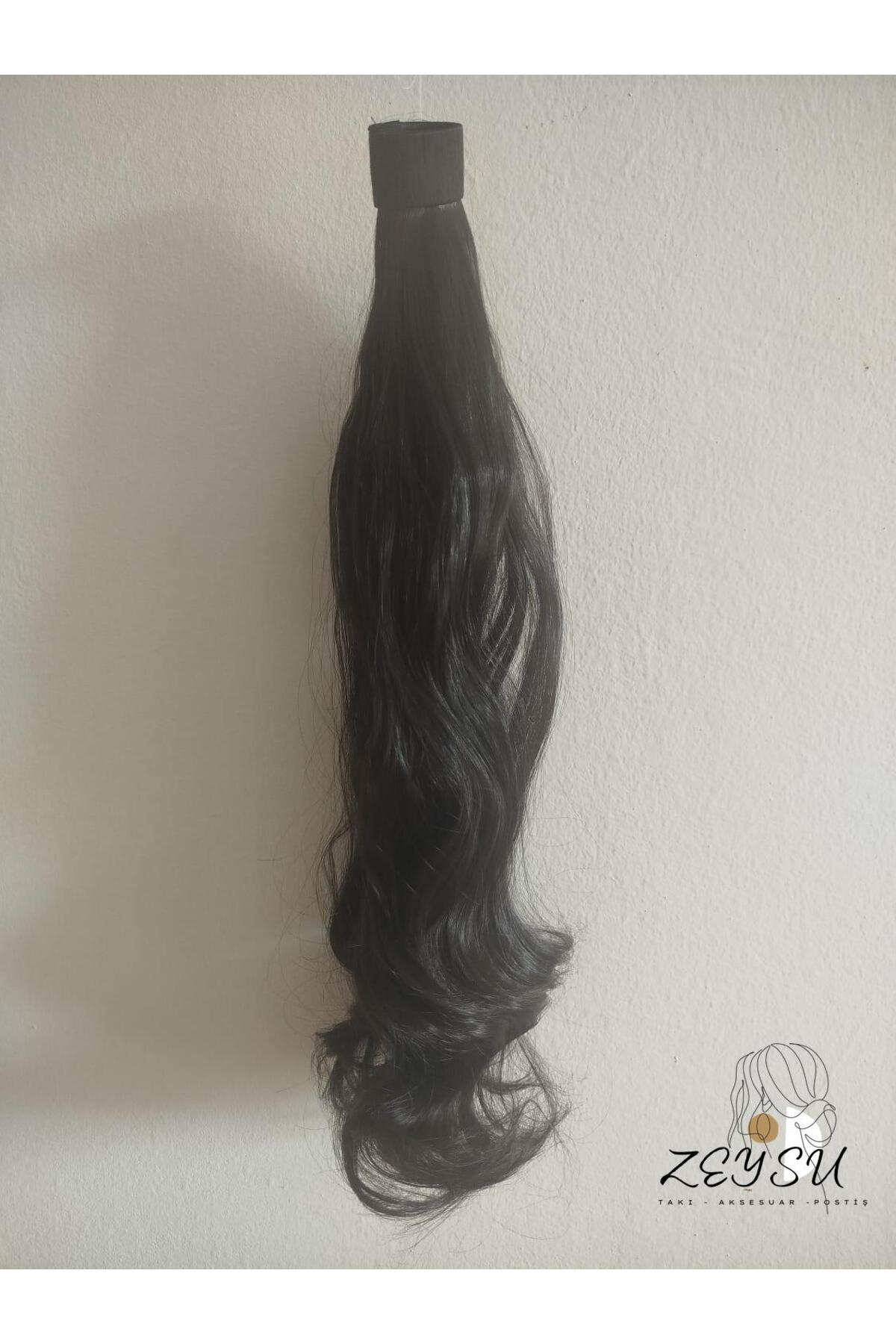 Siyah At Kuyruğu Saç Dalgalı Cıtçıtlı Takma Postiş Saç 60 Cm Isıya Dayanıklı