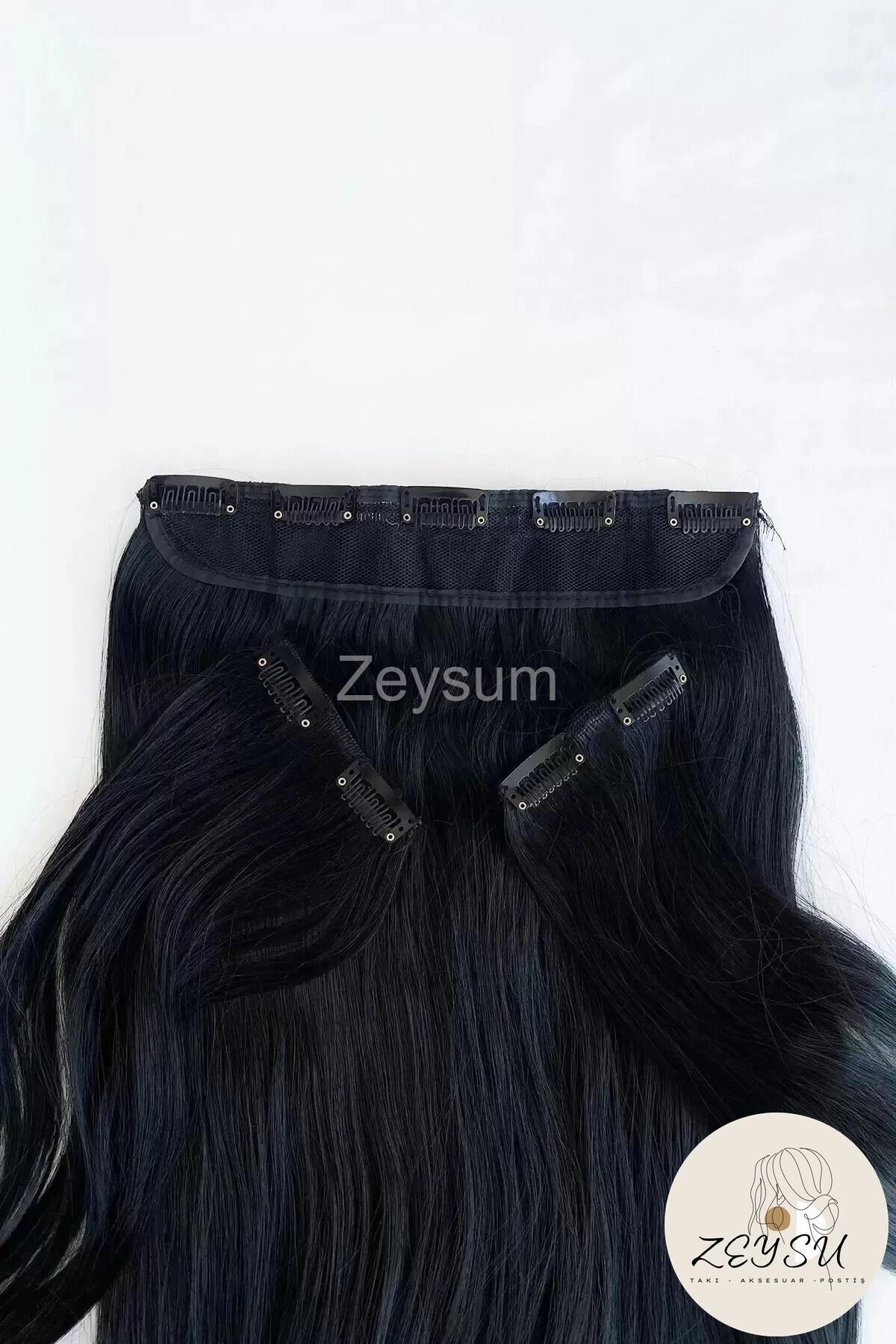 Siyah Yarımay Dalgalı Saç 3 Parça Çıtçıtlı Postiş 60 Cm 140 gr Isıya Dayanıklı Yarımay