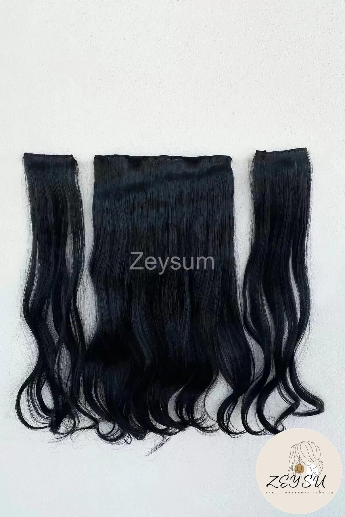 Siyah Yarımay Dalgalı Saç 3 Parça Çıtçıtlı Postiş 60 Cm 140 gr Isıya Dayanıklı Yarımay