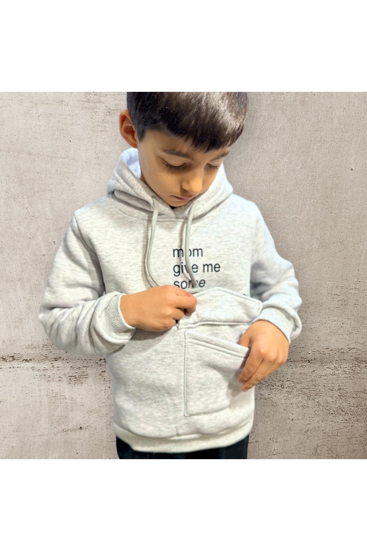 Kids 3 İplik Şardonlu Kapüşonlu Baskılı Para Cepli Çocuk Sweatshirt
