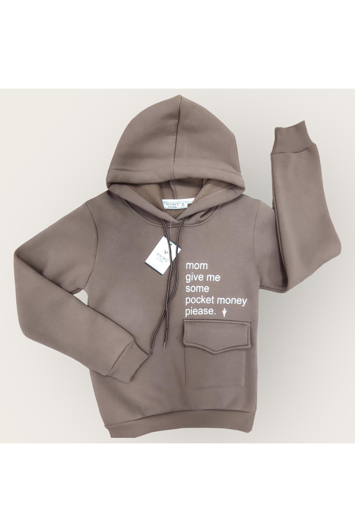 Kids 3 İplik Şardonlu Kapüşonlu Baskılı Para Cepli Çocuk Sweatshirt
