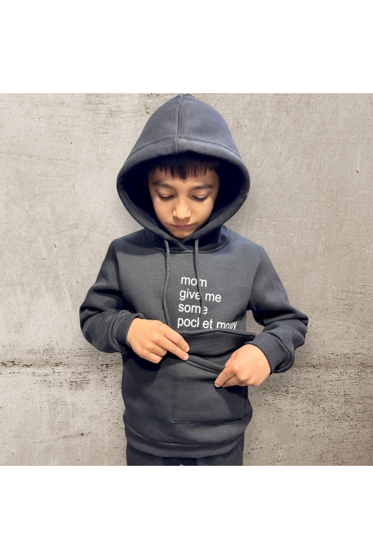 Kids 3 İplik Şardonlu Kapüşonlu Baskılı Para Cepli Çocuk Sweatshirt