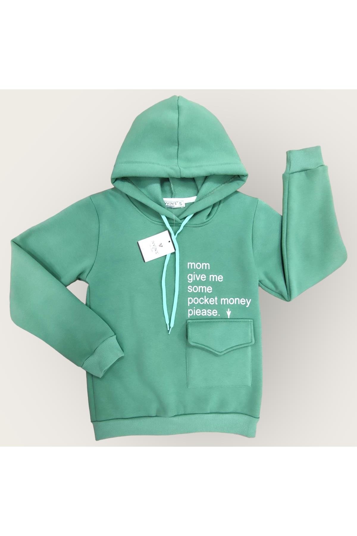 Kids 3 İplik Şardonlu Kapüşonlu Baskılı Para Cepli Çocuk Sweatshirt