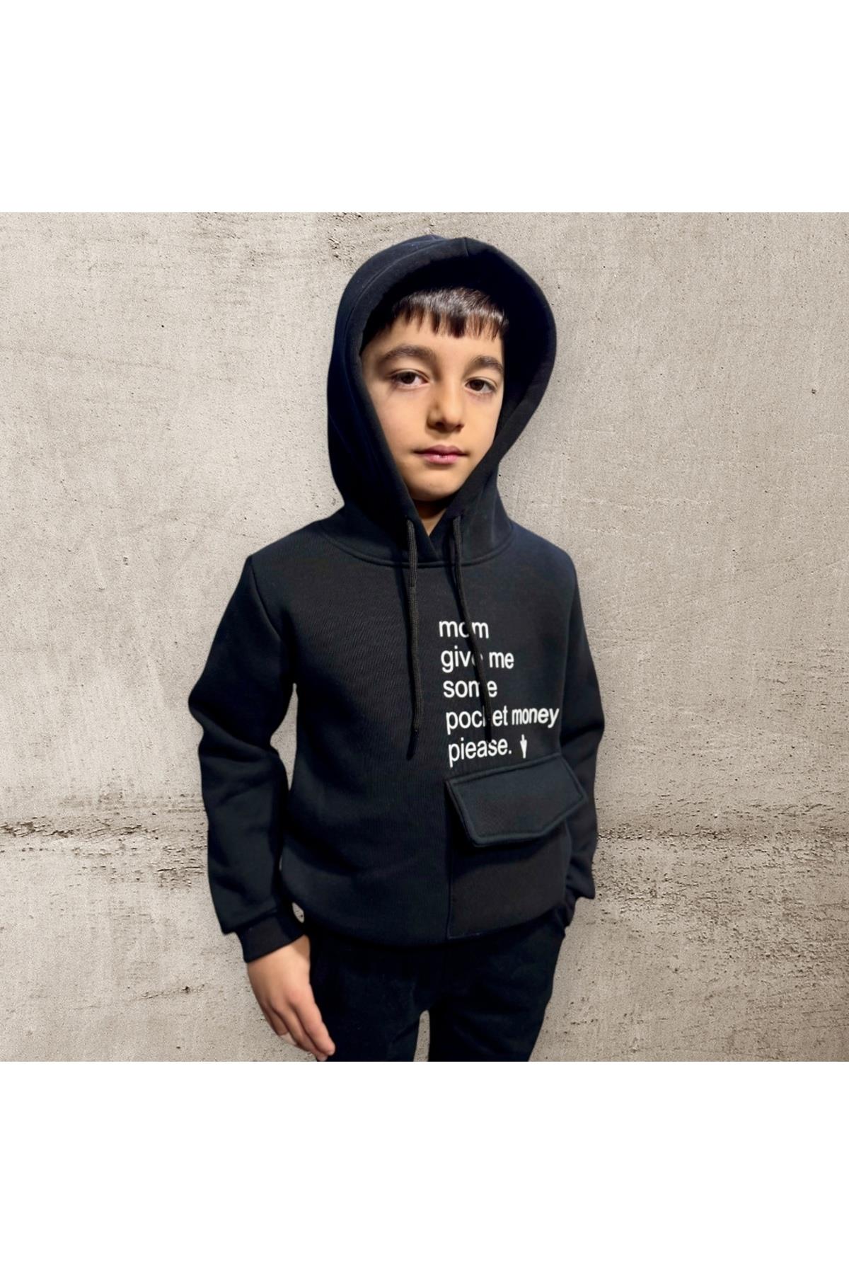 Kids 3 İplik Şardonlu Kapüşonlu Baskılı Para Cepli Çocuk Sweatshirt
